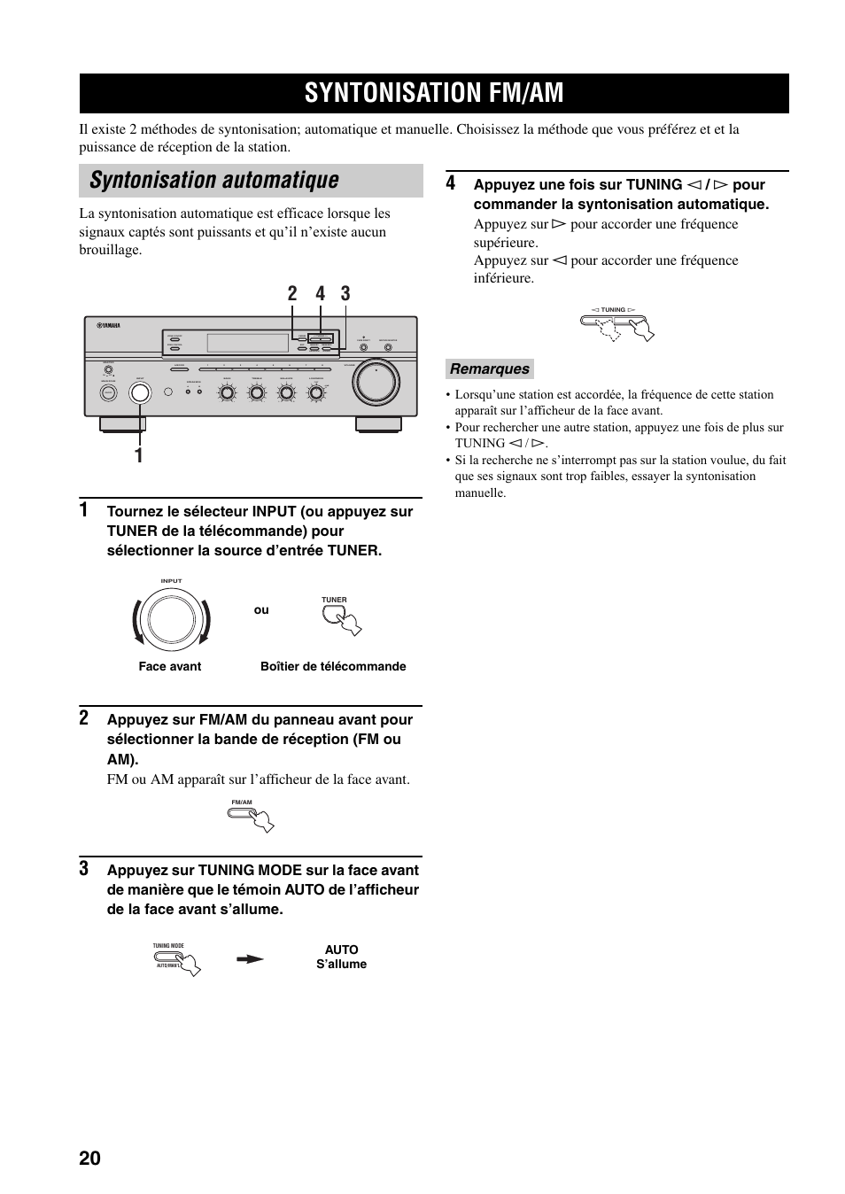 Syntonisation fm/am, Syntonisation automatique, Ge 20) | Remarques, On off, Man'l/auto fm, Auto/man'l | Yamaha RX-497 User Manual | Page 62 / 243