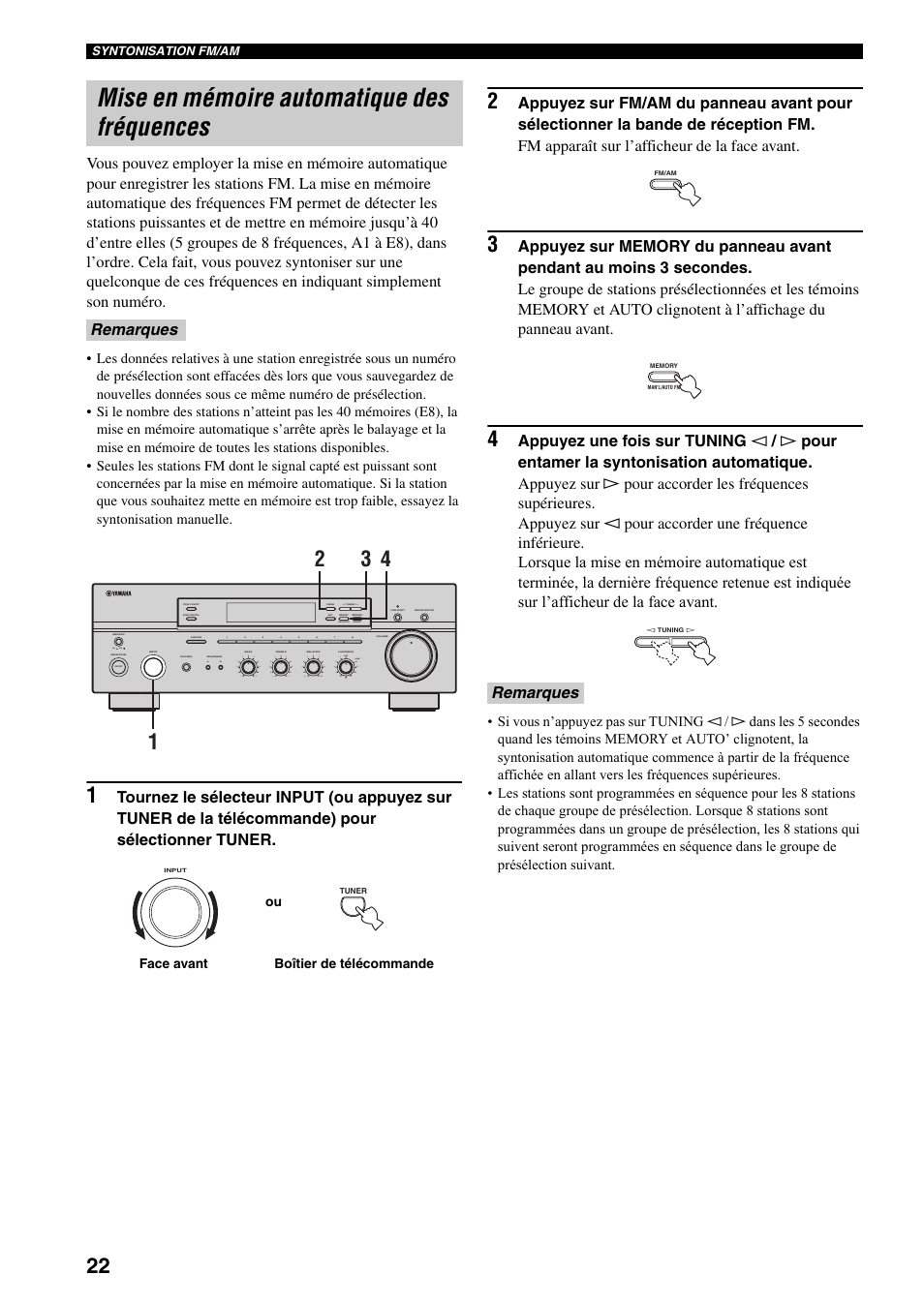 Mise en mémoire automatique des fréquences, Remarques, On off | Man'l/auto fm, Auto/man'l | Yamaha RX-497 User Manual | Page 64 / 243