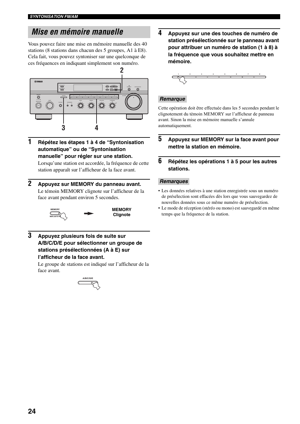 Mise en mémoire manuelle, Remarque remarques, On off | Man'l/auto fm, Auto/man'l | Yamaha RX-497 User Manual | Page 66 / 243