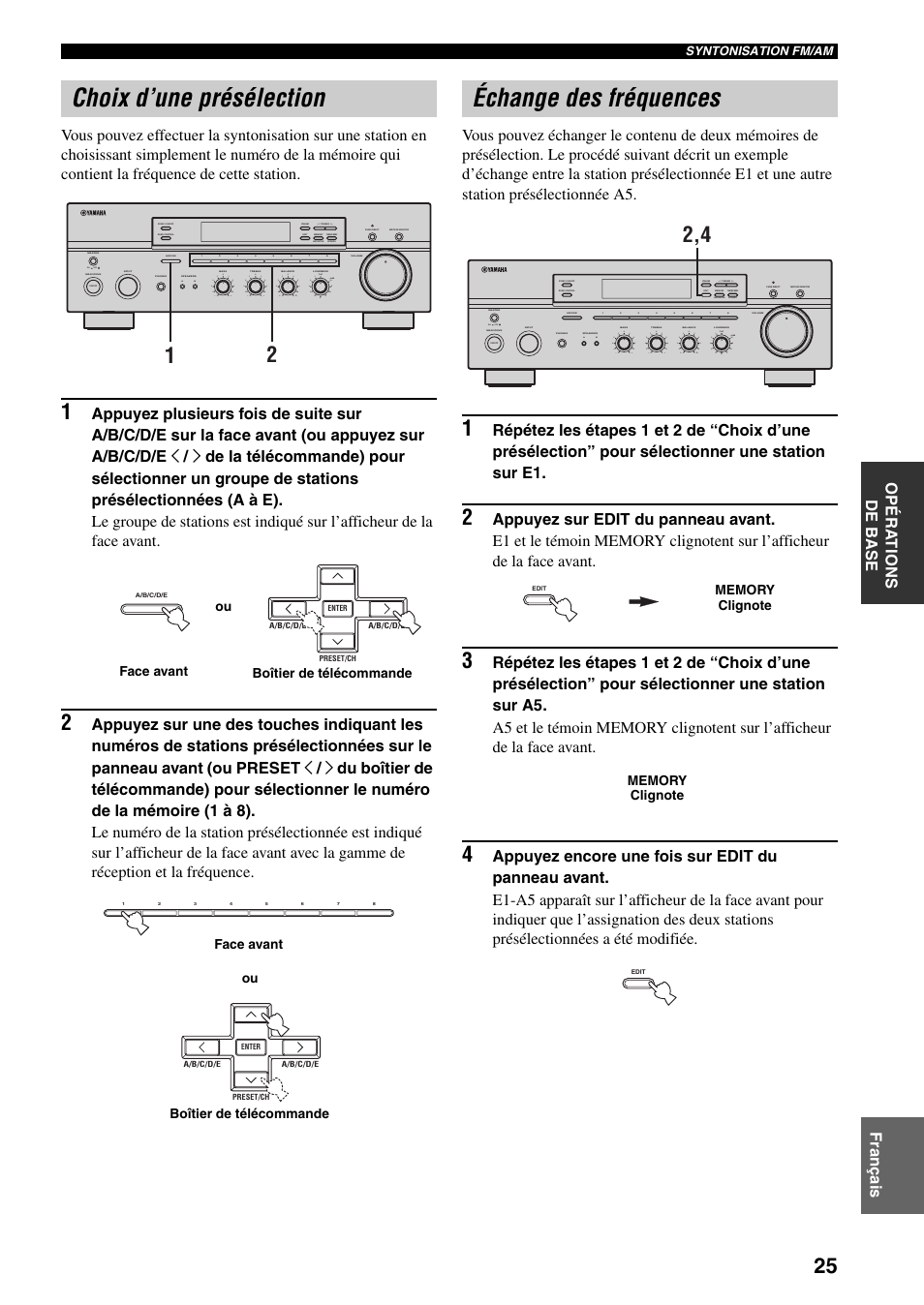 Choix d’une présélection, Échange des fréquences, Choix d’une présélection échange des fréquences | Ge 25), On off, Man'l/auto fm, Auto/man'l | Yamaha RX-497 User Manual | Page 67 / 243