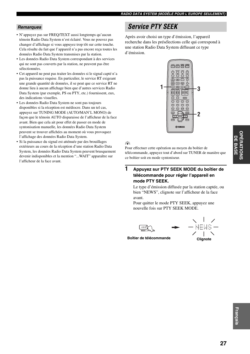 Service pty seek, Fr anç a is opéra t io ns de b a se, Radio data system (modèle pour l’europe seulement) | Yamaha RX-497 User Manual | Page 69 / 243