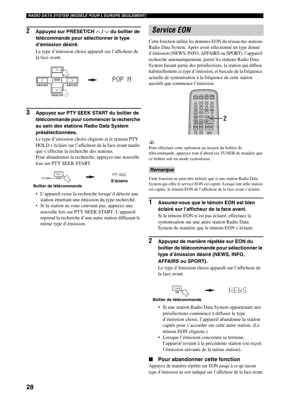 Service eon, Pop m, Pour abandonner cette fonction | Remarque | Yamaha RX-497 User Manual | Page 70 / 243