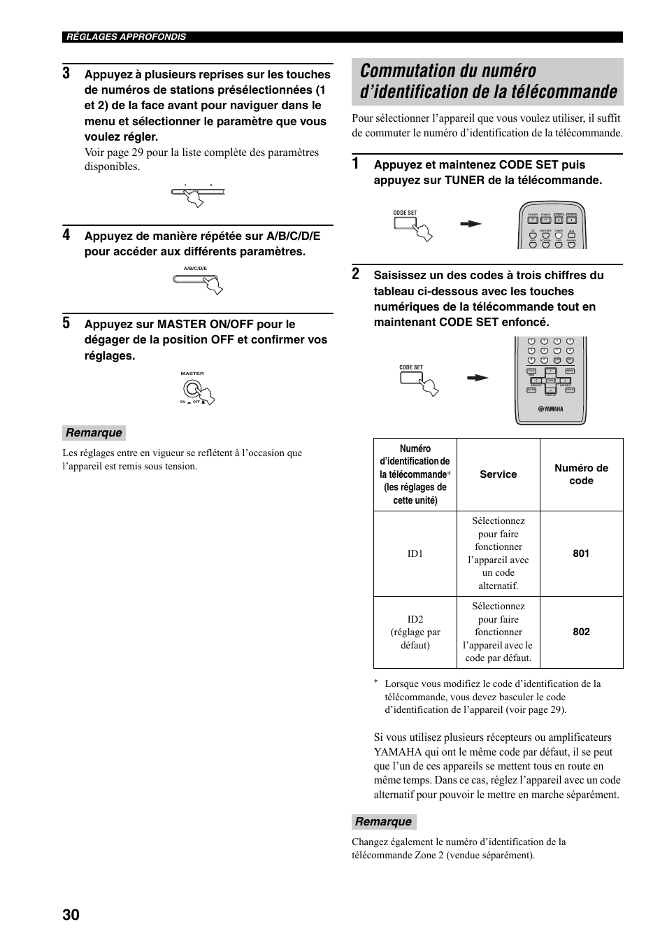 Commutation du numéro d’identification de la, Télécommande, Et 30 | Remarque | Yamaha RX-497 User Manual | Page 72 / 243