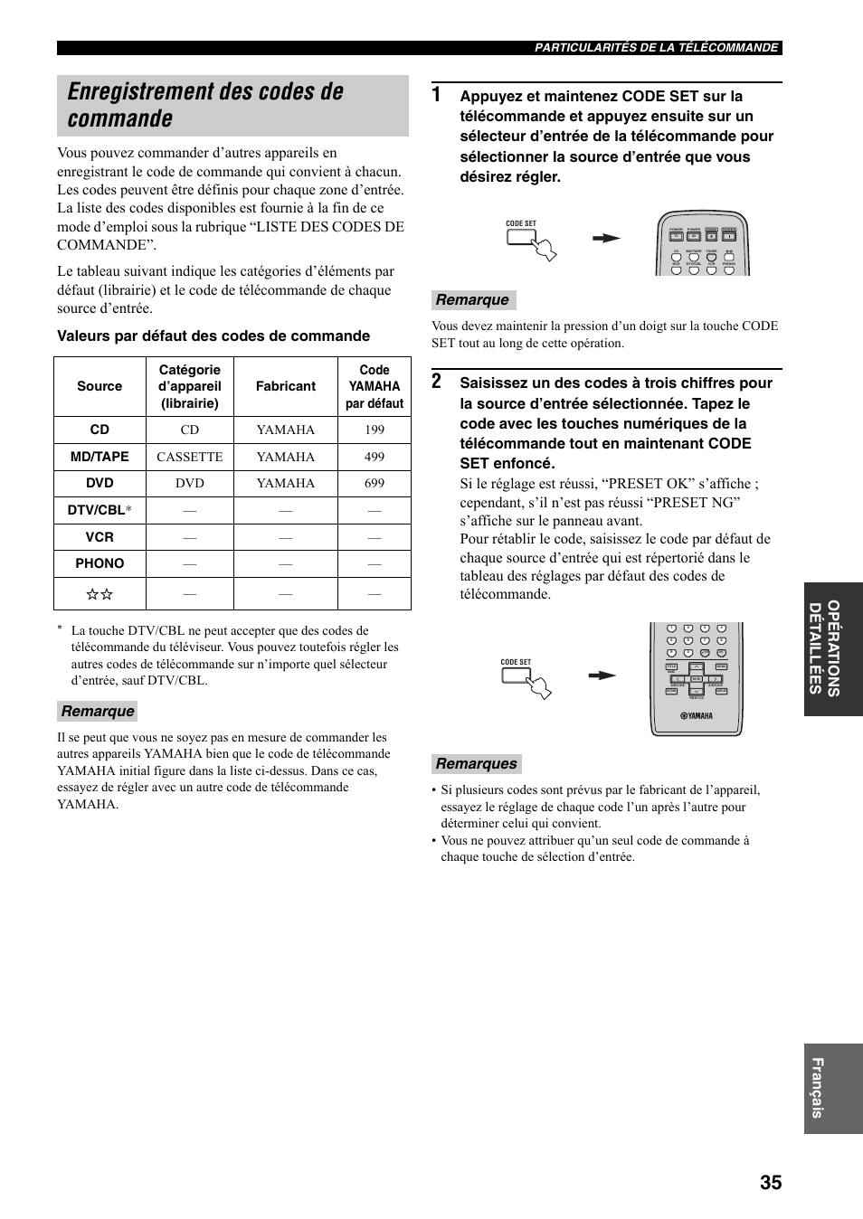 Enregistrement des codes de commande, Remarque, Remarque remarques | Yamaha RX-497 User Manual | Page 77 / 243