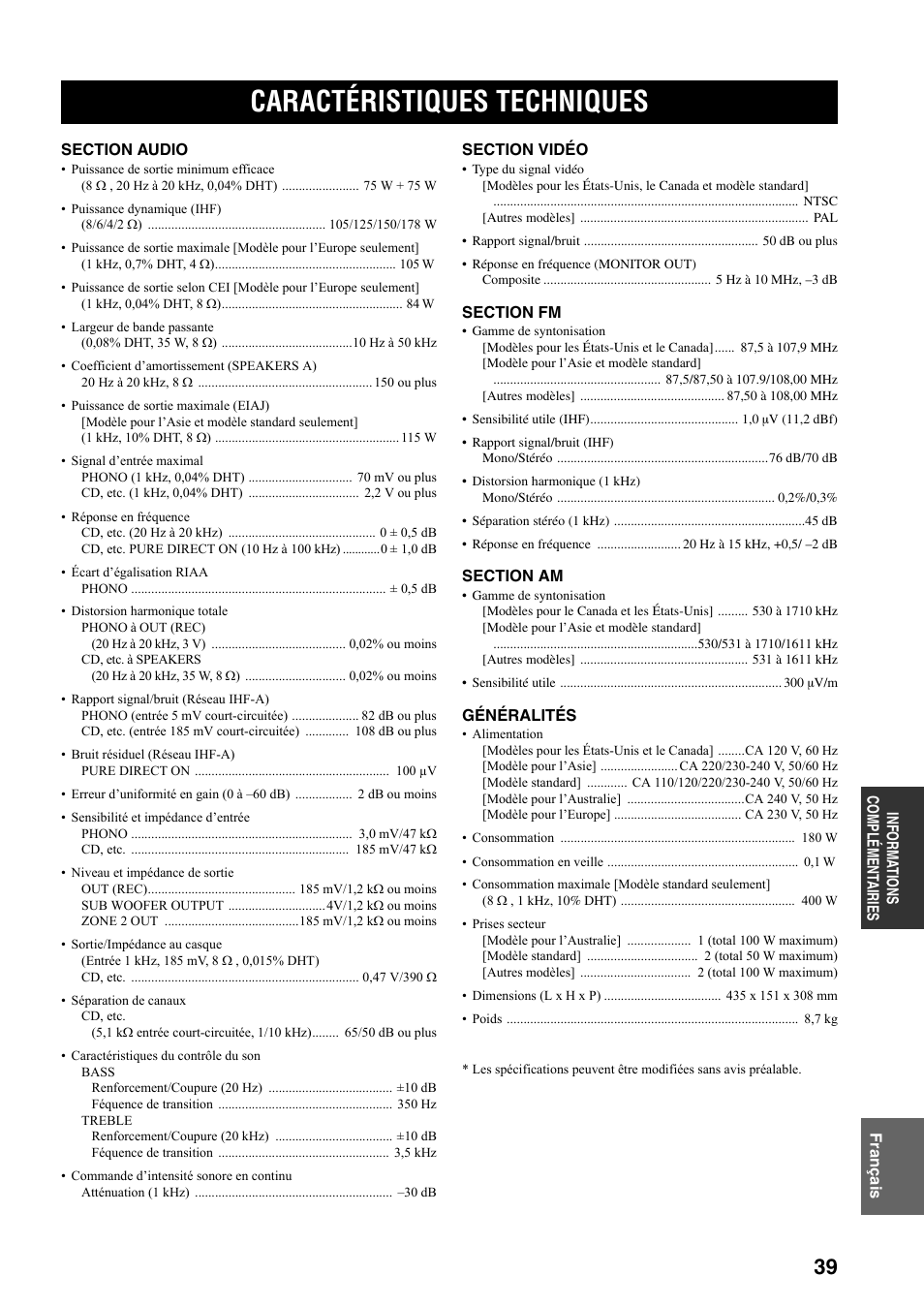 Caractéristiques techniques | Yamaha RX-497 User Manual | Page 81 / 243
