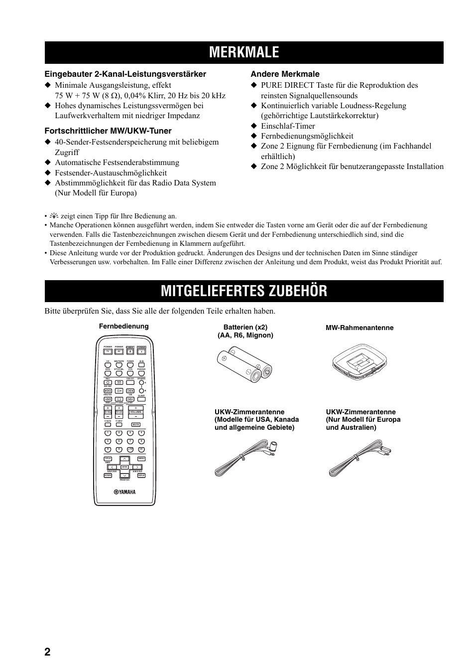 Einleitung, Merkmale, Mitgeliefertes zubehör | Merkmale mitgeliefertes zubehör | Yamaha RX-497 User Manual | Page 84 / 243