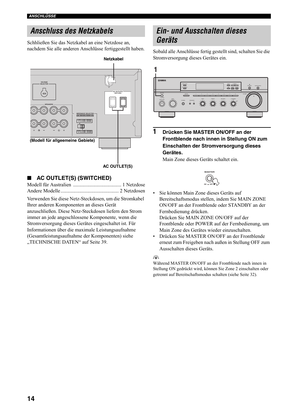 Anschluss des netzkabels, Ein- und ausschalten dieses geräts, Heiten siehe seite 14 | E 14, En siehe seite 14, Ac outlet(s) (switched), On off, Man'l/auto fm, Auto/man'l | Yamaha RX-497 User Manual | Page 96 / 243