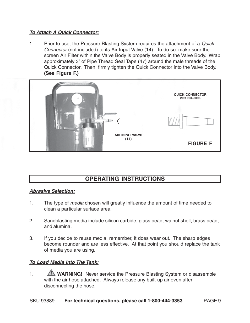 Operating instructions | Harbor Freight Tools 93889 User Manual | Page 9 / 16