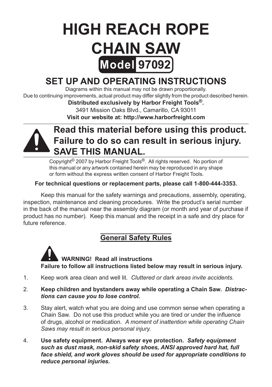 Harbor Freight Tools 97092 User Manual | 4 pages