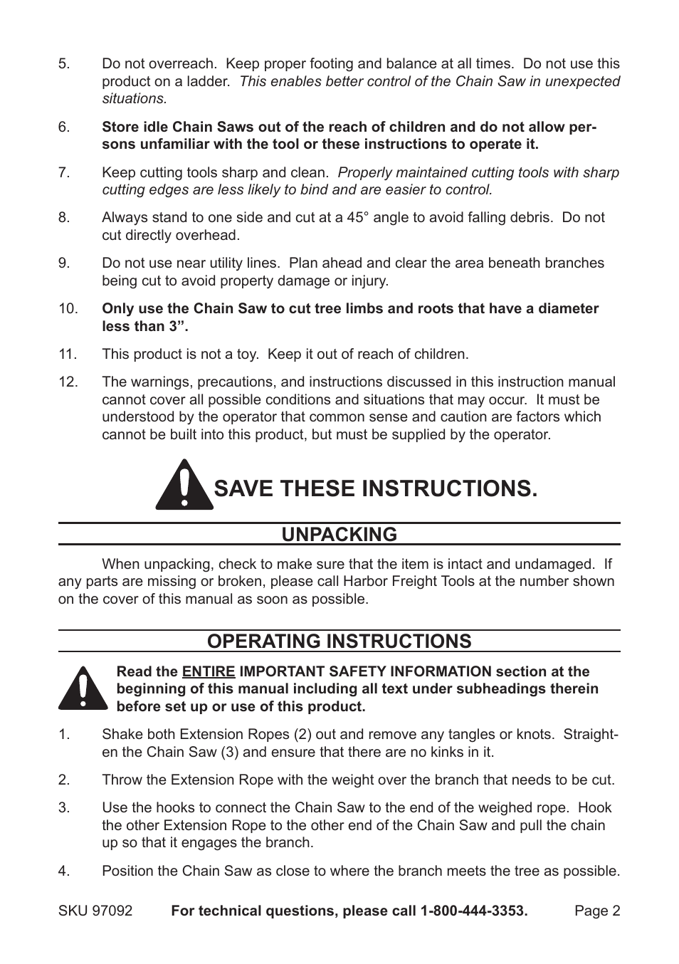 Save these instructions, Unpacking, Operating instructions | Harbor Freight Tools 97092 User Manual | Page 2 / 4