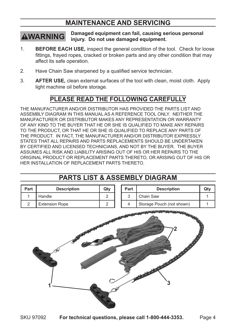 Warning, Maintenance and servicing, Parts list & assembly diagram | Please read the following carefully | Harbor Freight Tools 97092 User Manual | Page 4 / 4