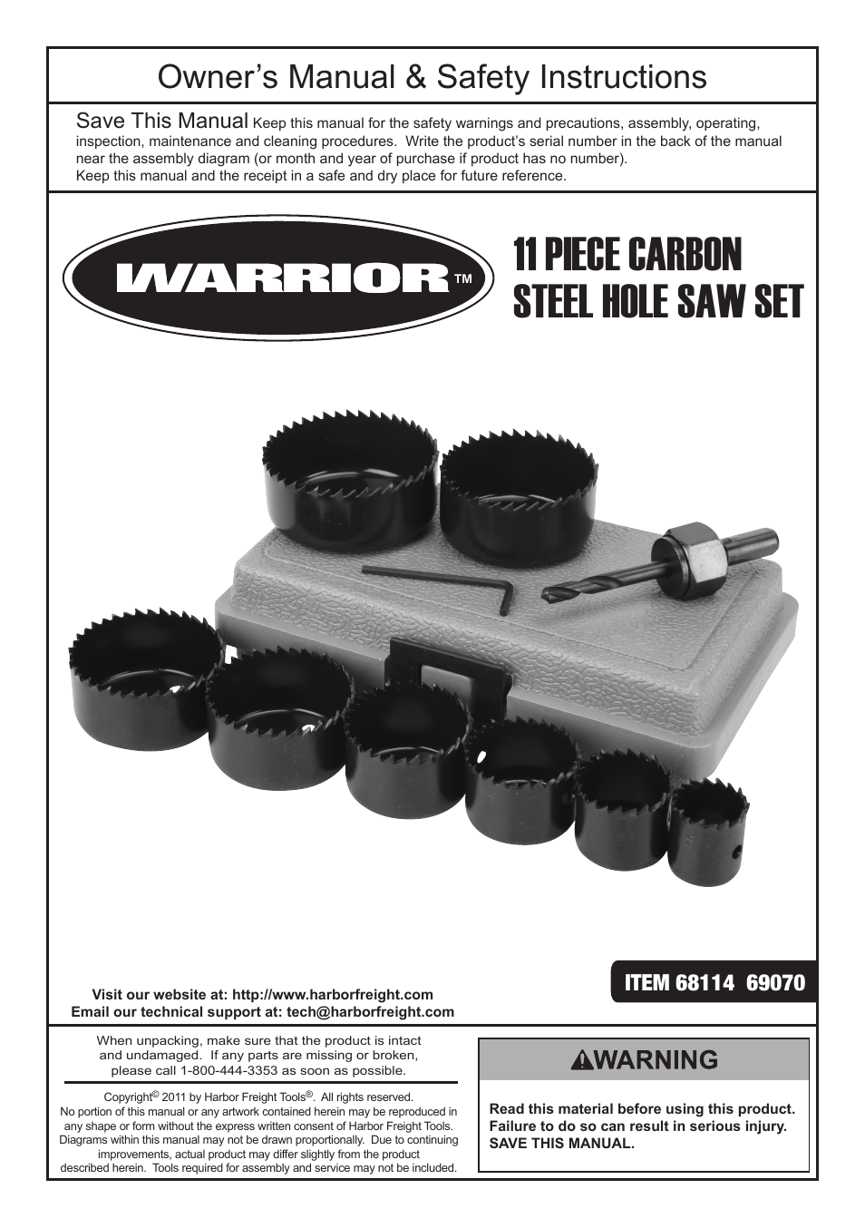 Harbor Freight Tools Warrior 11 Piece Carbon Steel Hole Saw Set 68114 User Manual | 4 pages