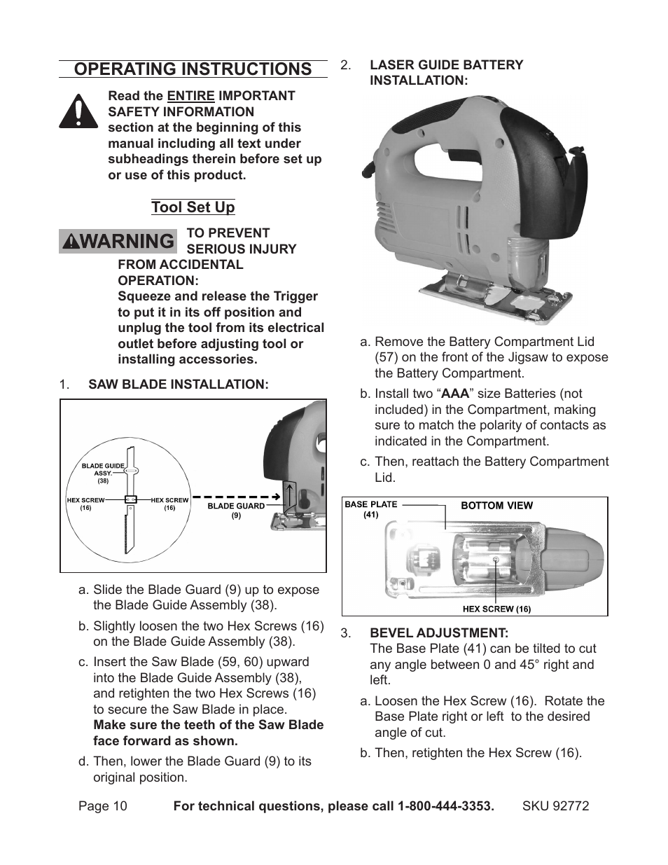 Operating instructions | Harbor Freight Tools 92772 User Manual | Page 10 / 16