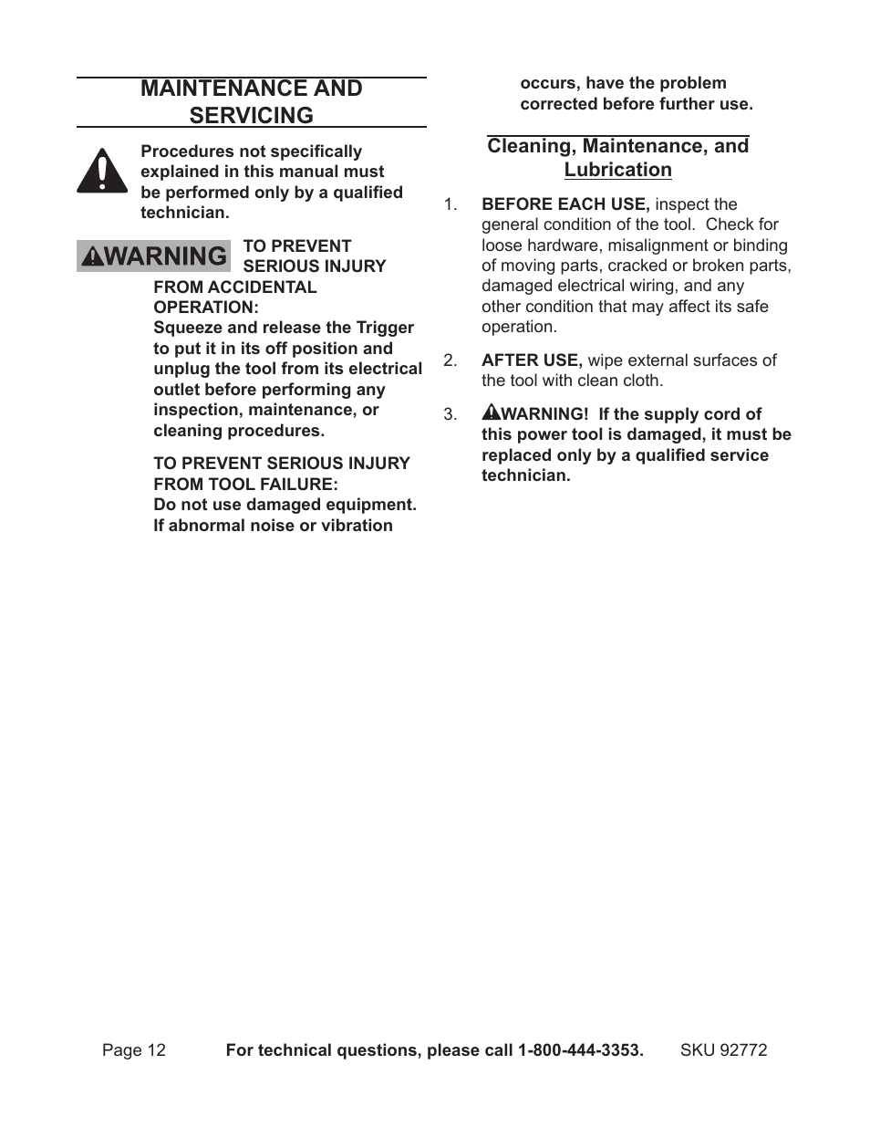 Maintenance and servicing | Harbor Freight Tools 92772 User Manual | Page 12 / 16