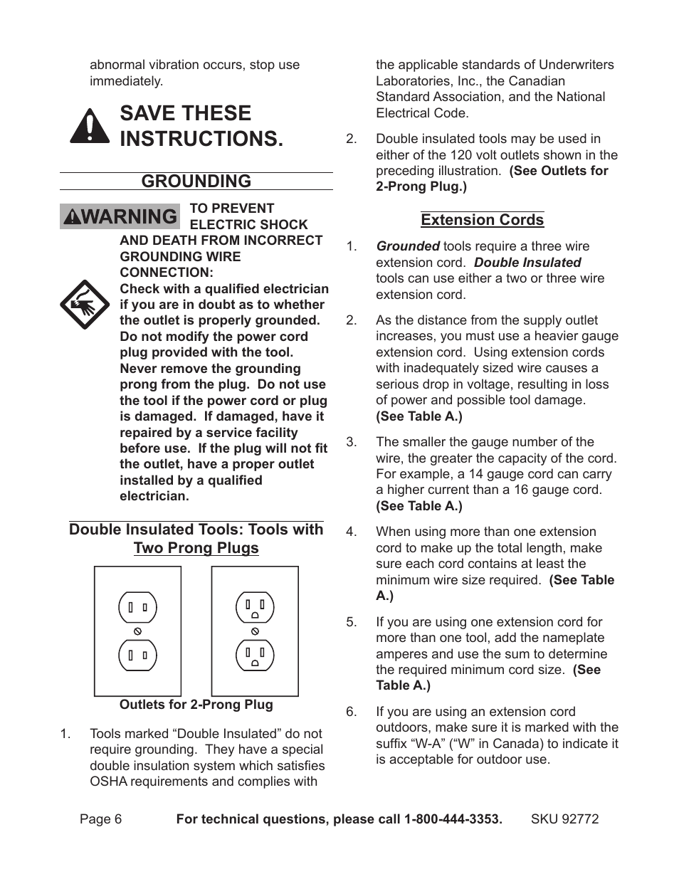 Save these instructions, Grounding | Harbor Freight Tools 92772 User Manual | Page 6 / 16