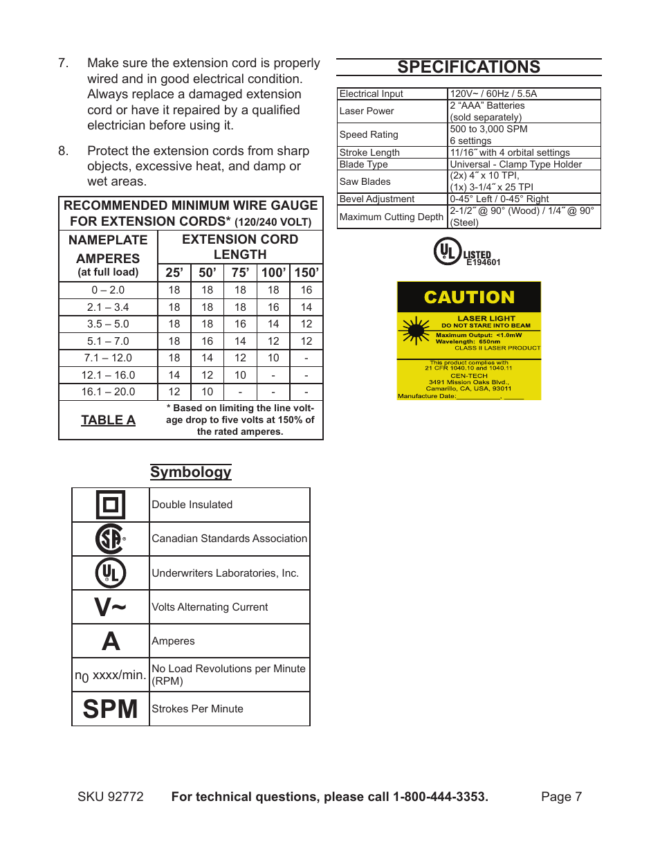 Specifications, Symbology | Harbor Freight Tools 92772 User Manual | Page 7 / 16