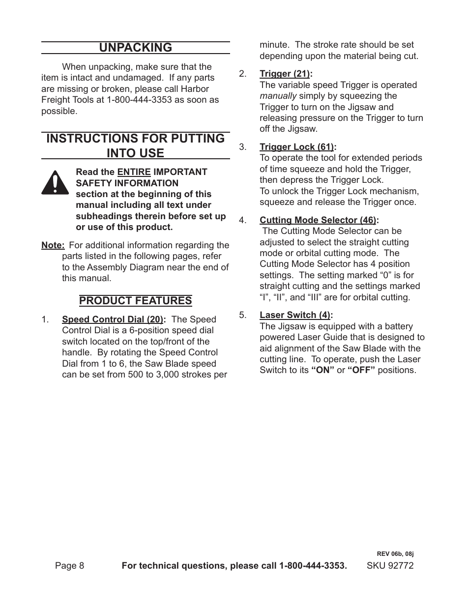 Unpacking, Instructions for putting into use | Harbor Freight Tools 92772 User Manual | Page 8 / 16