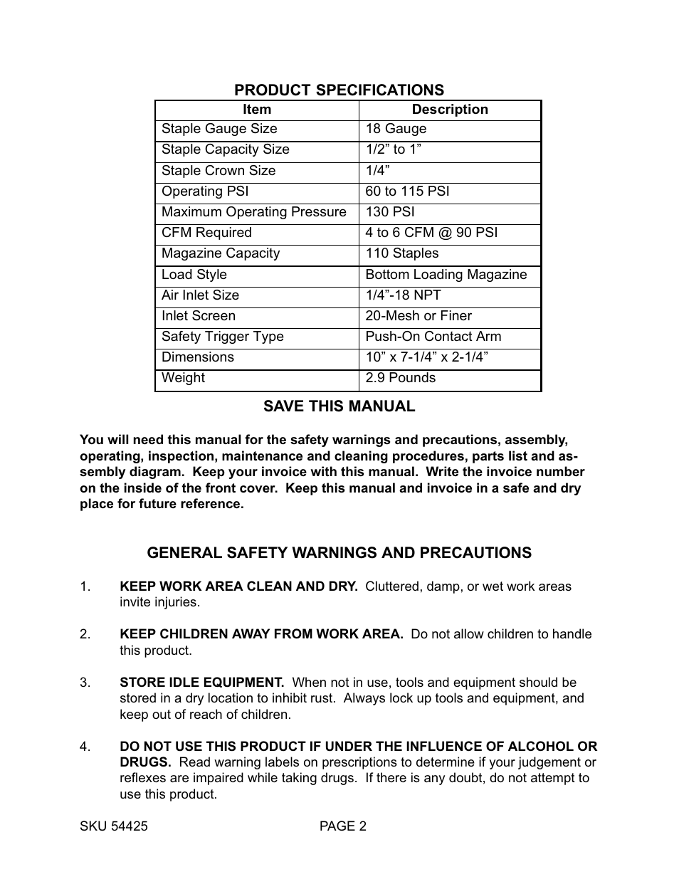 Harbor Freight Tools 54425 User Manual | Page 2 / 10