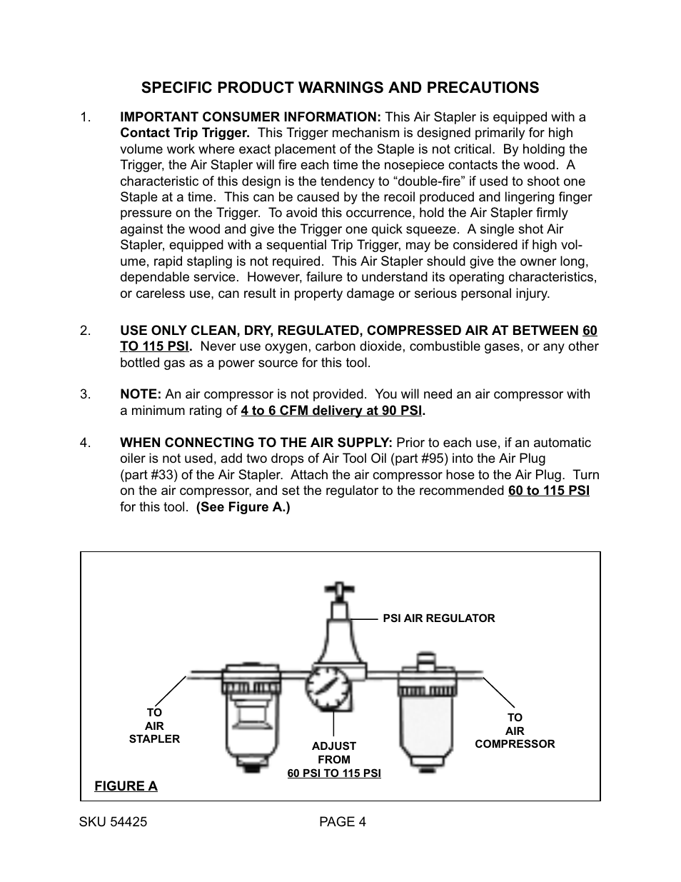 Specific product warnings and precautions | Harbor Freight Tools 54425 User Manual | Page 4 / 10