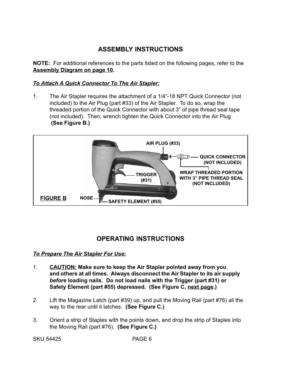 Assembly instructions, Operating instructions | Harbor Freight Tools 54425 User Manual | Page 6 / 10