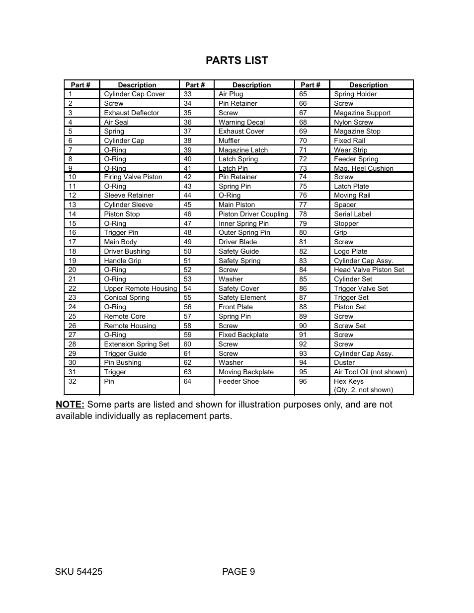 Parts list | Harbor Freight Tools 54425 User Manual | Page 9 / 10