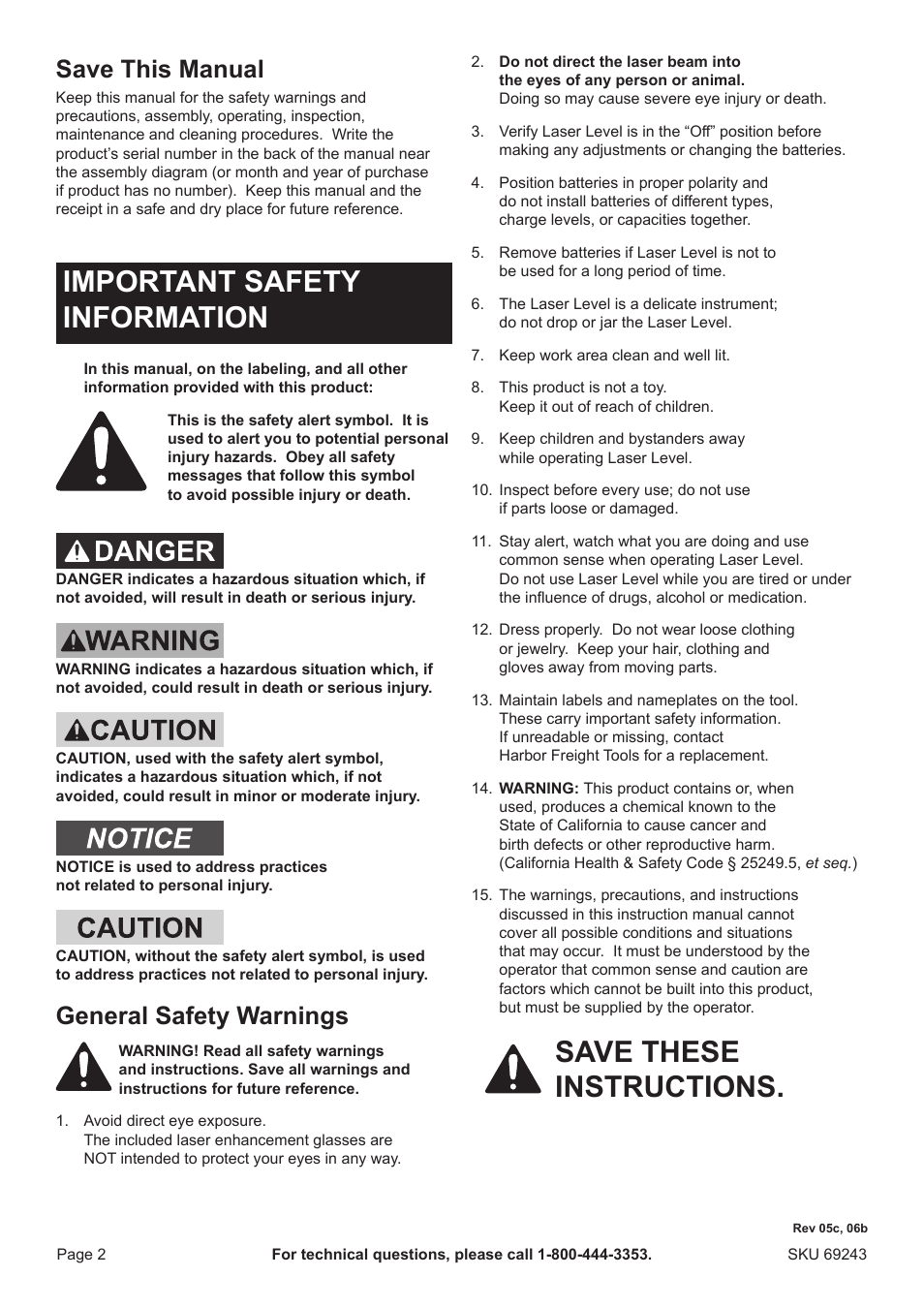 Important safety information, Save these instructions, Save this manual | General safety warnings | Harbor Freight Tools Pittsburgh Self-leveling Laser Level 69243 User Manual | Page 2 / 8