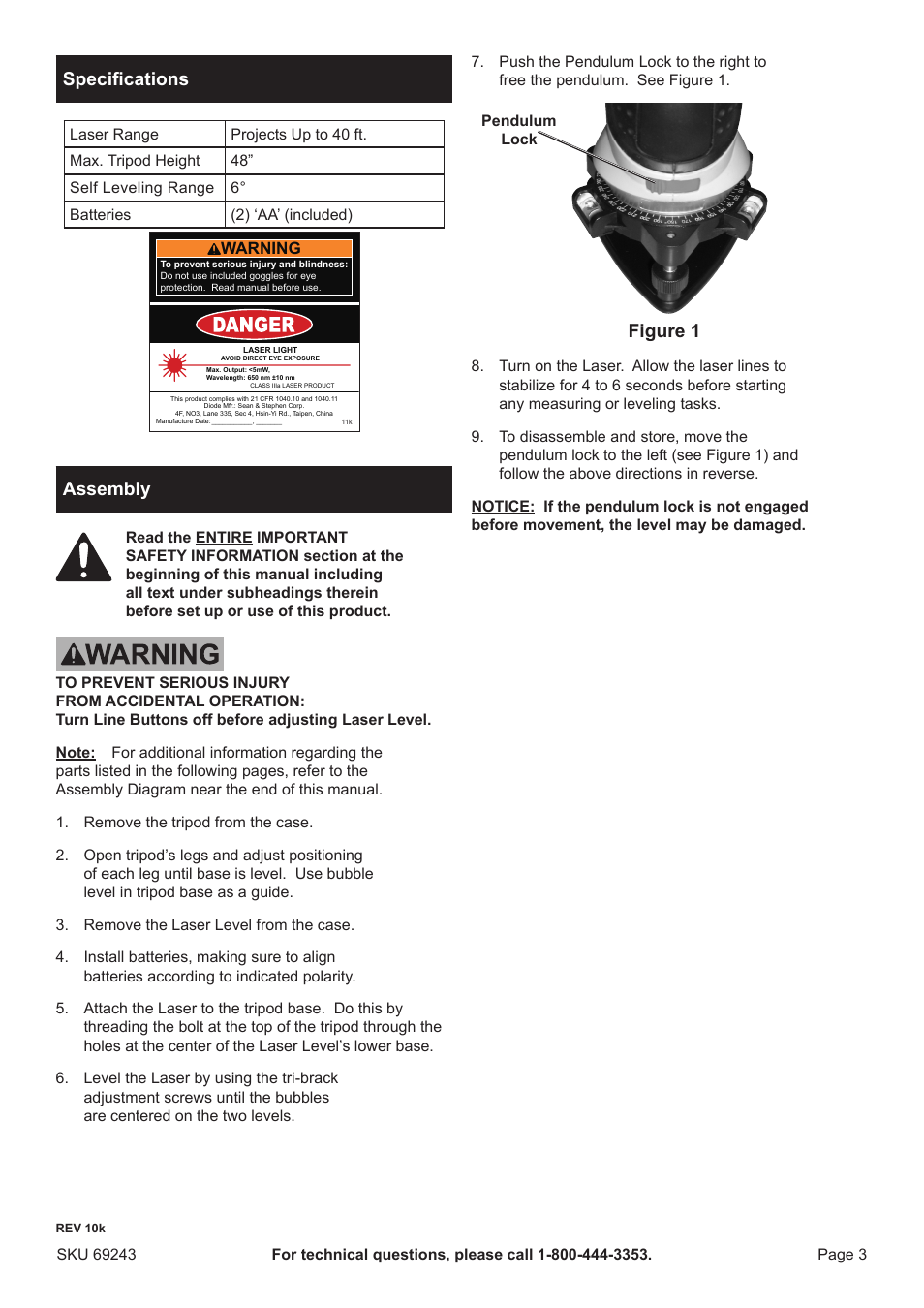 Specifications, Assembly, Figure 1 | Harbor Freight Tools Pittsburgh Self-leveling Laser Level 69243 User Manual | Page 3 / 8