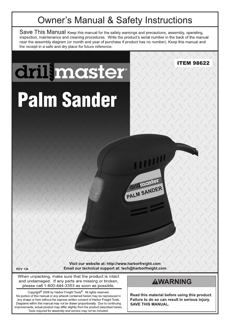 Harbor Freight Tools Drillmaster Palm Sander 98622 User Manual | 12 pages