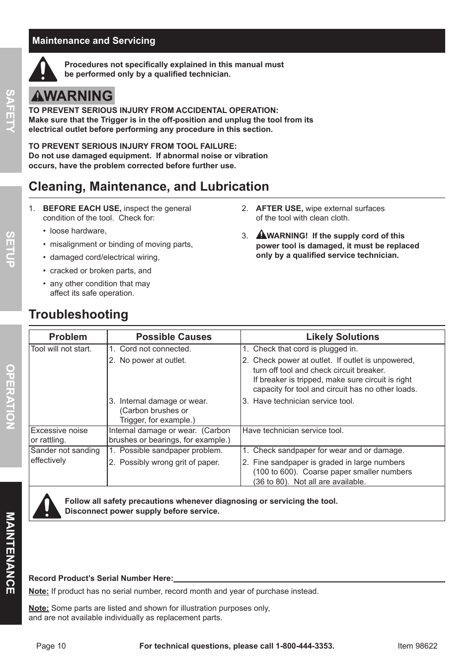 Cleaning, maintenance, and lubrication, Troubleshooting, Safet y op era tion m aintenan c e setu p | Harbor Freight Tools Drillmaster Palm Sander 98622 User Manual | Page 10 / 12