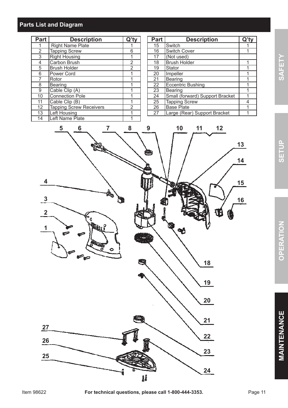 Safet y op era tion m aintenan c e setu p | Harbor Freight Tools Drillmaster Palm Sander 98622 User Manual | Page 11 / 12