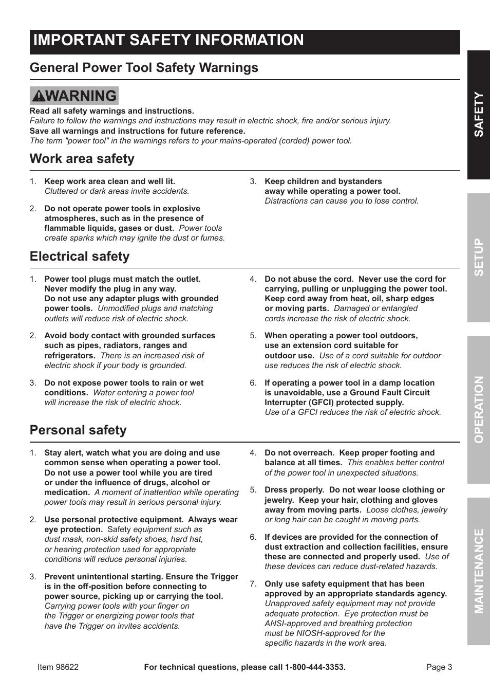 Important safety information, General power tool safety warnings, Work area safety | Electrical safety, Personal safety, Safet y op era tion m aintenan c e setu p | Harbor Freight Tools Drillmaster Palm Sander 98622 User Manual | Page 3 / 12