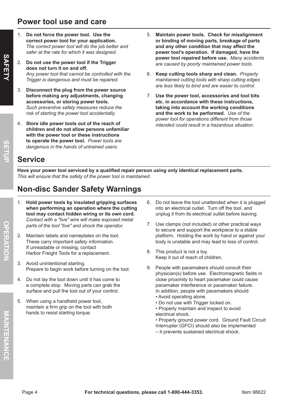 Power tool use and care, Service, Non-disc sander safety warnings | Safet y op era tion m aintenan c e setu p | Harbor Freight Tools Drillmaster Palm Sander 98622 User Manual | Page 4 / 12