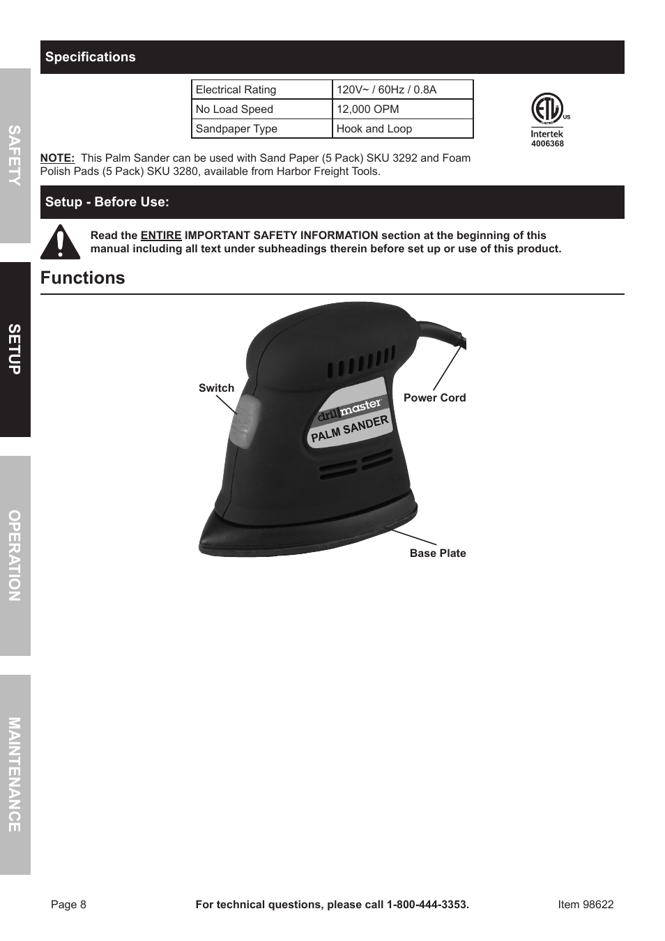 Functions, Safet y op era tion m aintenan c e setu p | Harbor Freight Tools Drillmaster Palm Sander 98622 User Manual | Page 8 / 12