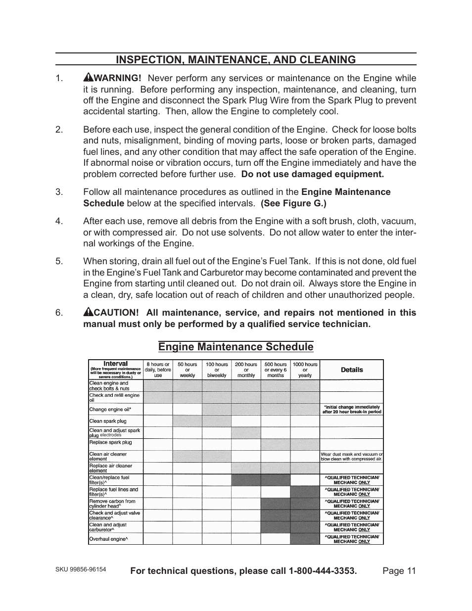 Inspection, maintenance, and cleaning, Engine maintenance schedule | Harbor Freight Tools 96154 - 11HP User Manual | Page 11 / 30