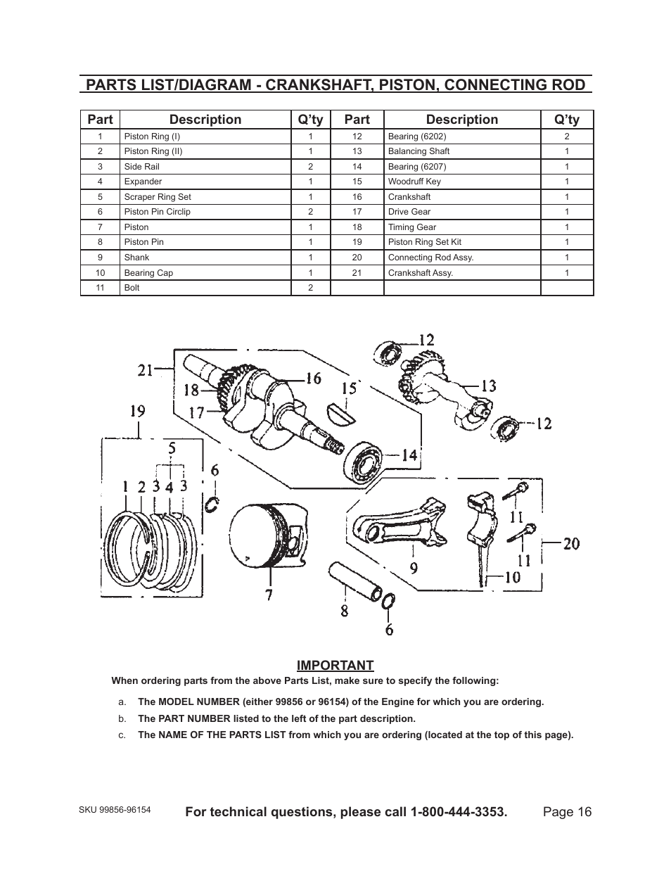 Page 16, Part description q’ty part description q’ty, Important | Harbor Freight Tools 96154 - 11HP User Manual | Page 16 / 30