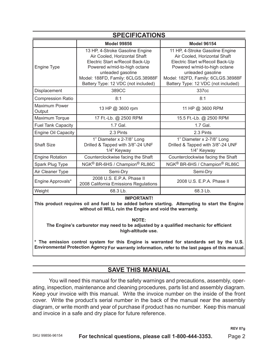 Specifications, Save this manual | Harbor Freight Tools 96154 - 11HP User Manual | Page 2 / 30