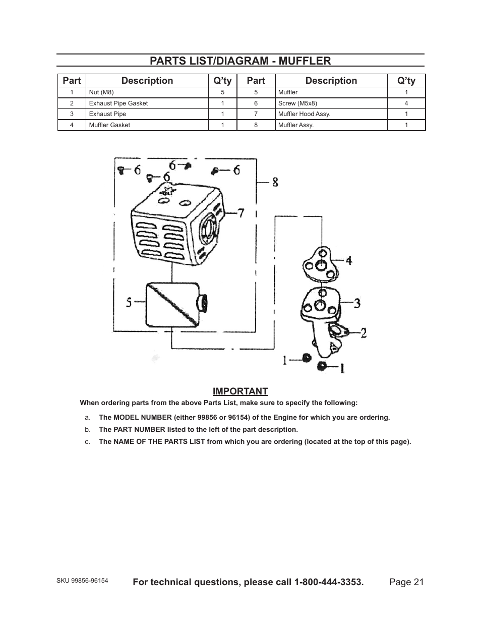 Parts list/diagram - muffler, Page 1, Part description q’ty part description q’ty | Important | Harbor Freight Tools 96154 - 11HP User Manual | Page 21 / 30