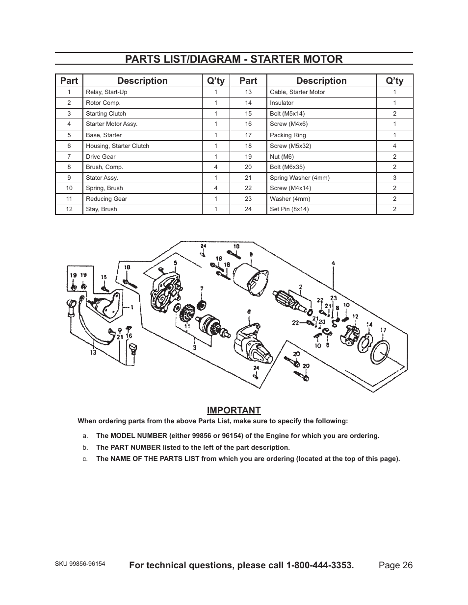 Parts list/diagram - starter motor, Page 6, Important | Harbor Freight Tools 96154 - 11HP User Manual | Page 26 / 30