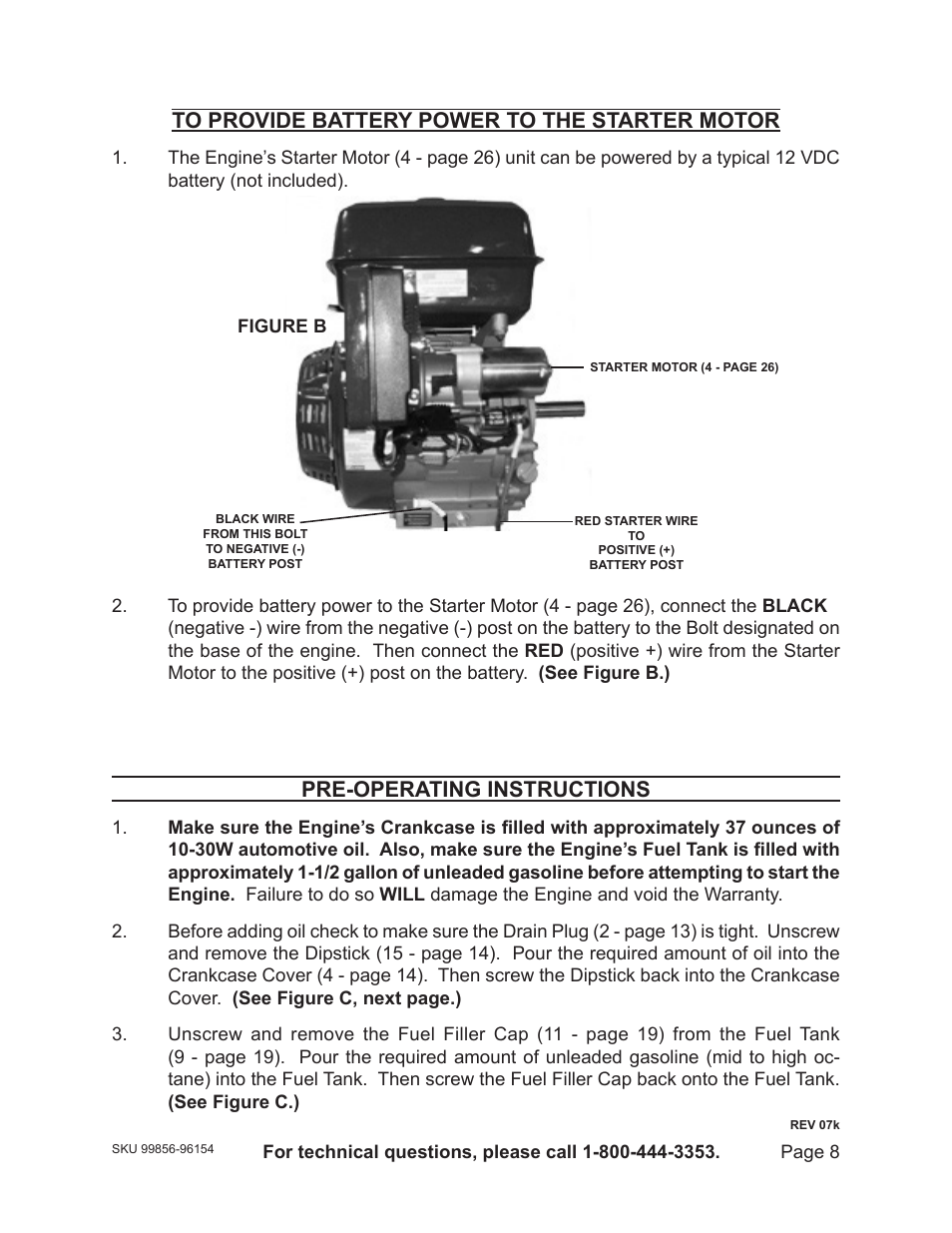 Pre-operating instructions | Harbor Freight Tools 96154 - 11HP User Manual | Page 8 / 30