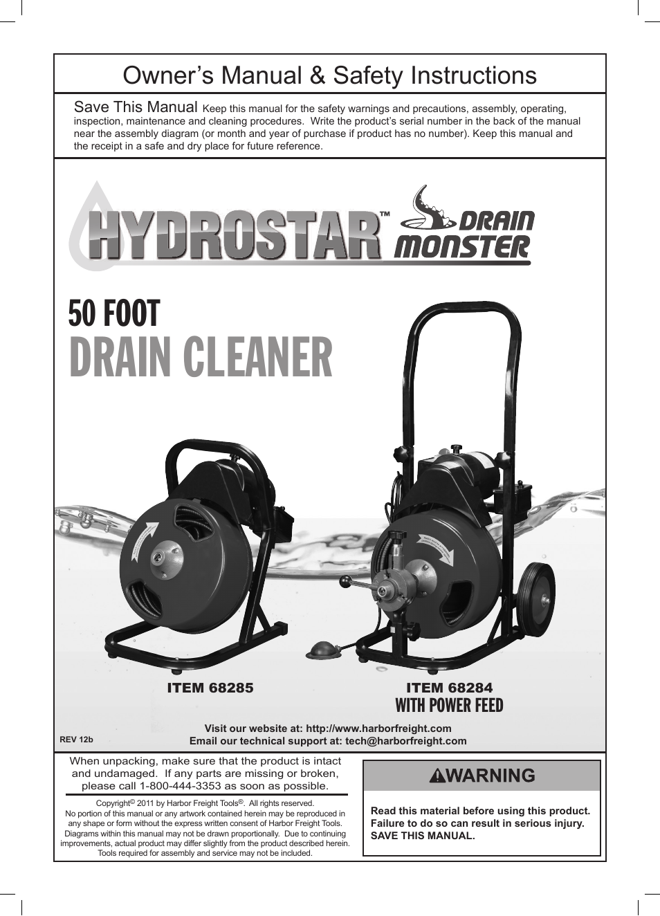 Harbor Freight Tools 50 FOOT DRAIN CLEANER WITH POWER FEED 68285 User Manual | 24 pages