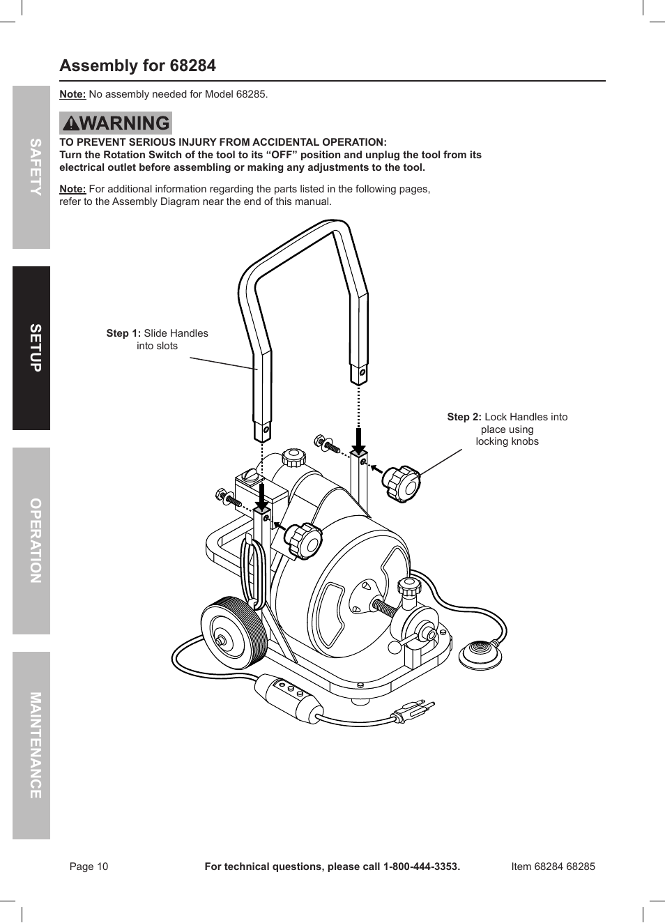 Safety opera tion maintenance setup | Harbor Freight Tools 50 FOOT DRAIN CLEANER WITH POWER FEED 68285 User Manual | Page 10 / 24