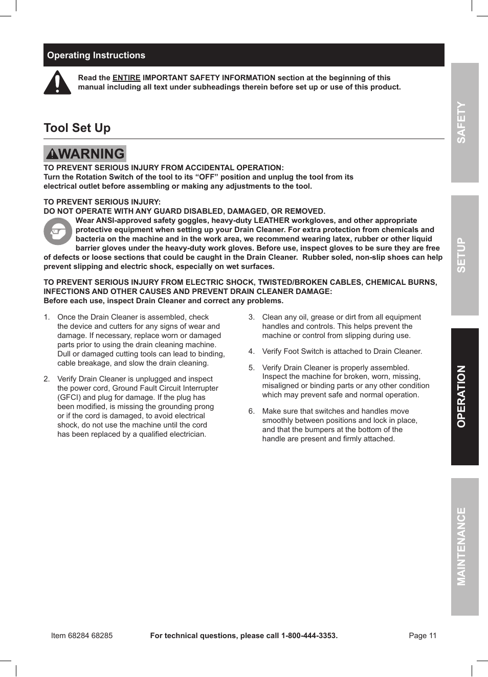 Tool set up, Safety opera tion maintenance setup | Harbor Freight Tools 50 FOOT DRAIN CLEANER WITH POWER FEED 68285 User Manual | Page 11 / 24