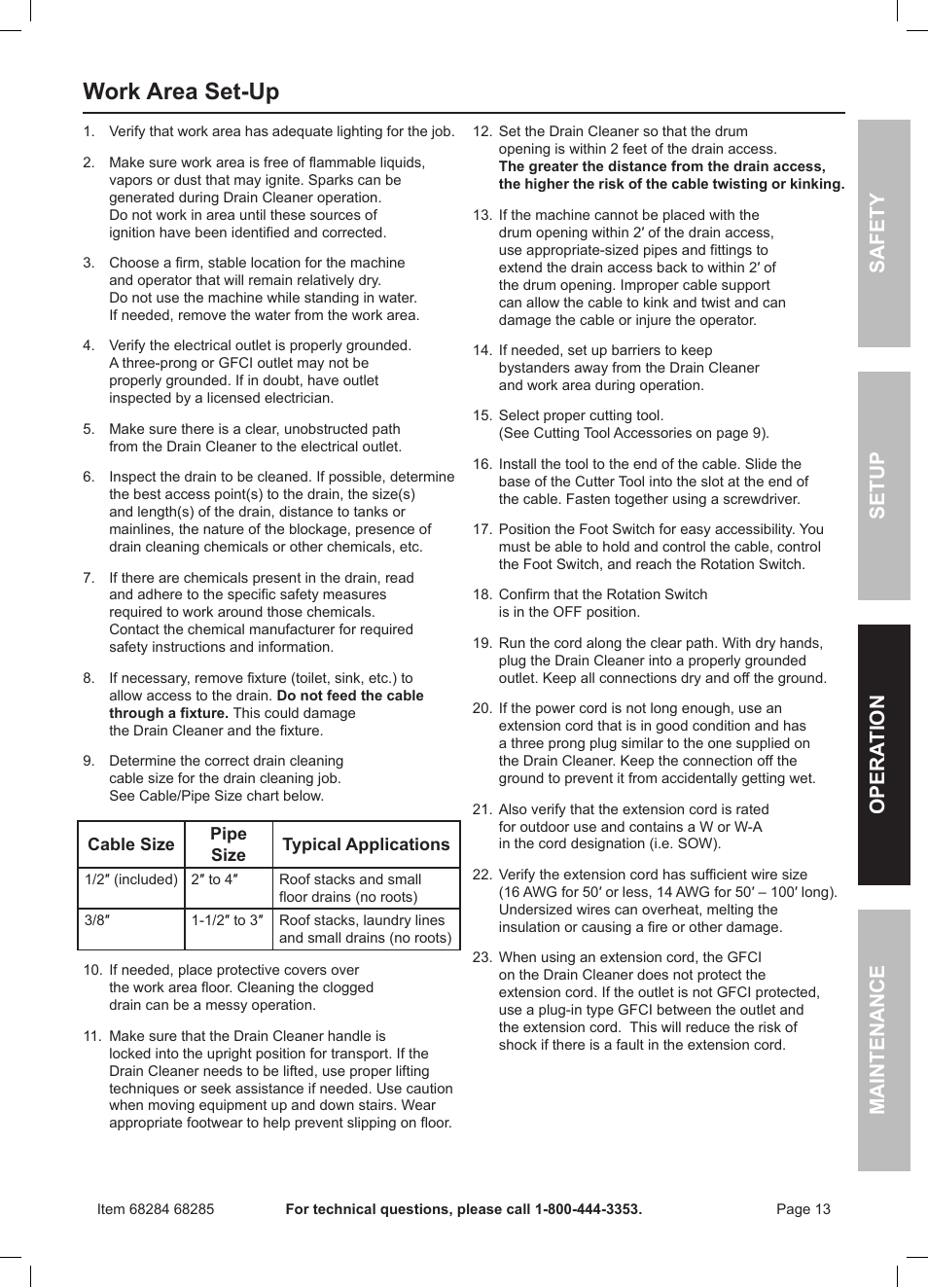 Work area set-up, Safety opera tion maintenance setup | Harbor Freight Tools 50 FOOT DRAIN CLEANER WITH POWER FEED 68285 User Manual | Page 13 / 24