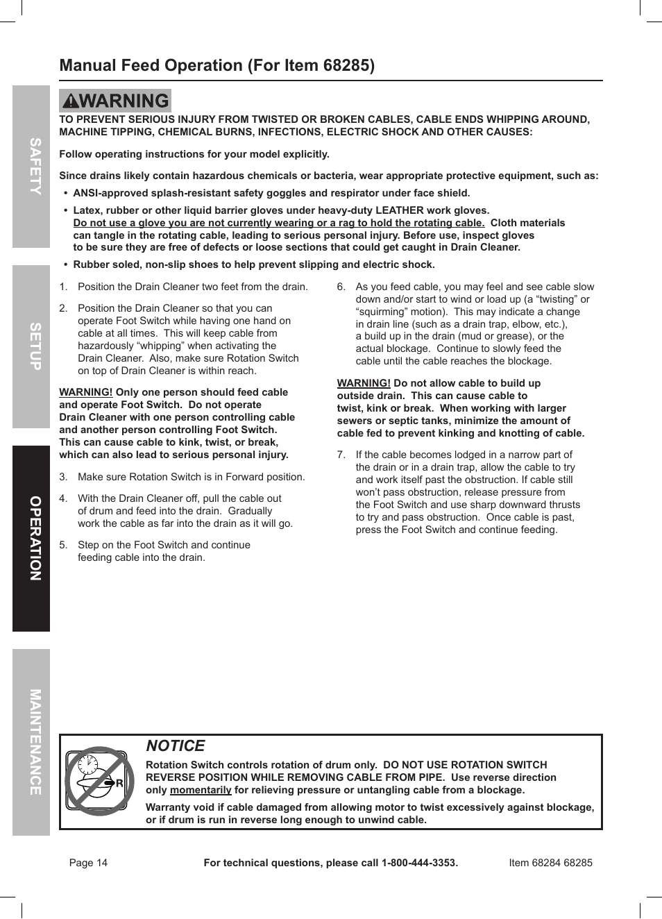 Notice, Safety opera tion maintenance setup | Harbor Freight Tools 50 FOOT DRAIN CLEANER WITH POWER FEED 68285 User Manual | Page 14 / 24