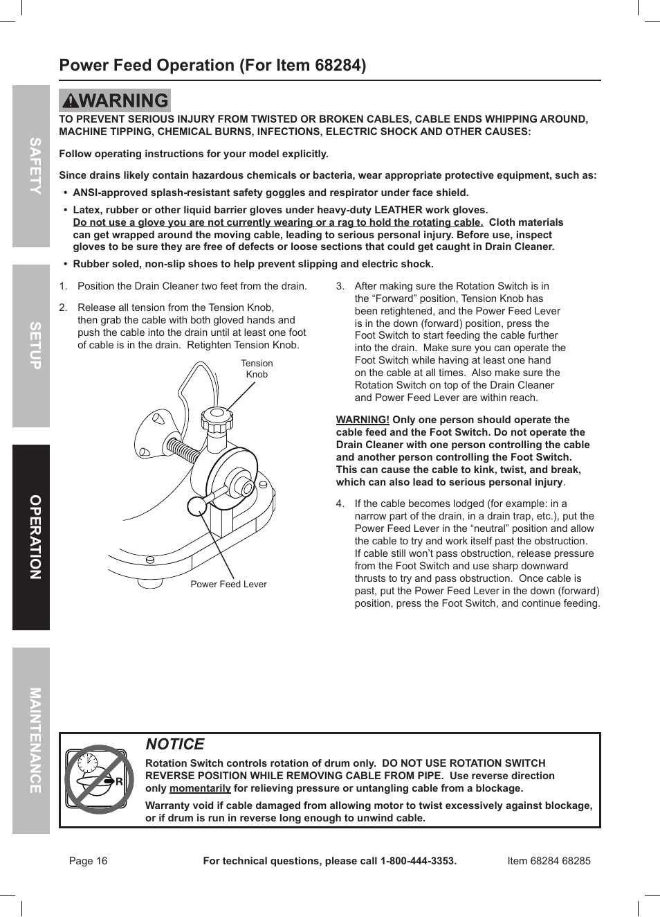 Notice, Safety opera tion maintenance setup | Harbor Freight Tools 50 FOOT DRAIN CLEANER WITH POWER FEED 68285 User Manual | Page 16 / 24