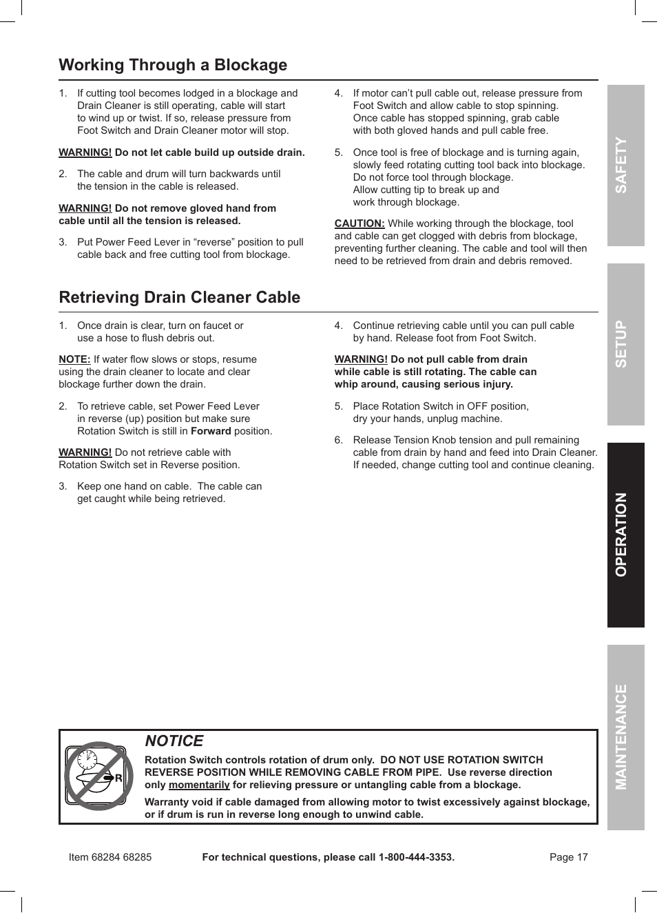 Working through a blockage, Retrieving drain cleaner cable, Notice | Safety opera tion maintenance setup | Harbor Freight Tools 50 FOOT DRAIN CLEANER WITH POWER FEED 68285 User Manual | Page 17 / 24