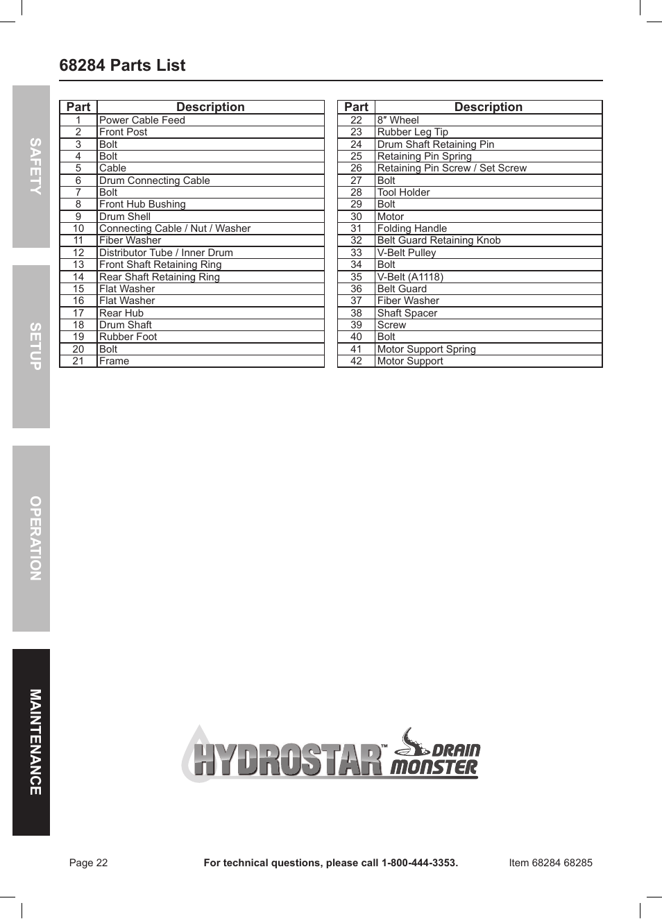 Safety opera tion maintenance setup | Harbor Freight Tools 50 FOOT DRAIN CLEANER WITH POWER FEED 68285 User Manual | Page 22 / 24