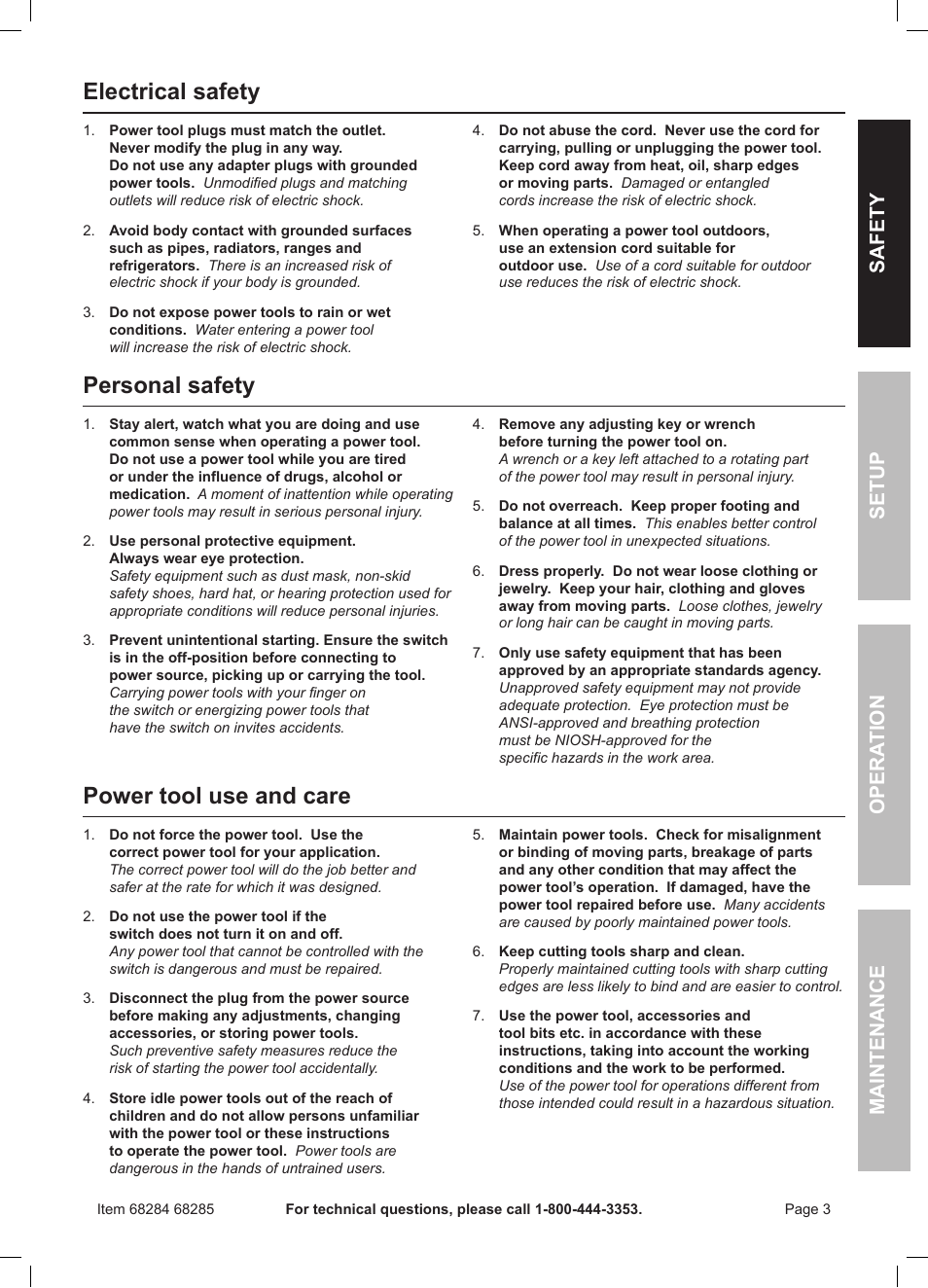 Electrical safety, Personal safety, Power tool use and care | Safety opera tion maintenance setup | Harbor Freight Tools 50 FOOT DRAIN CLEANER WITH POWER FEED 68285 User Manual | Page 3 / 24