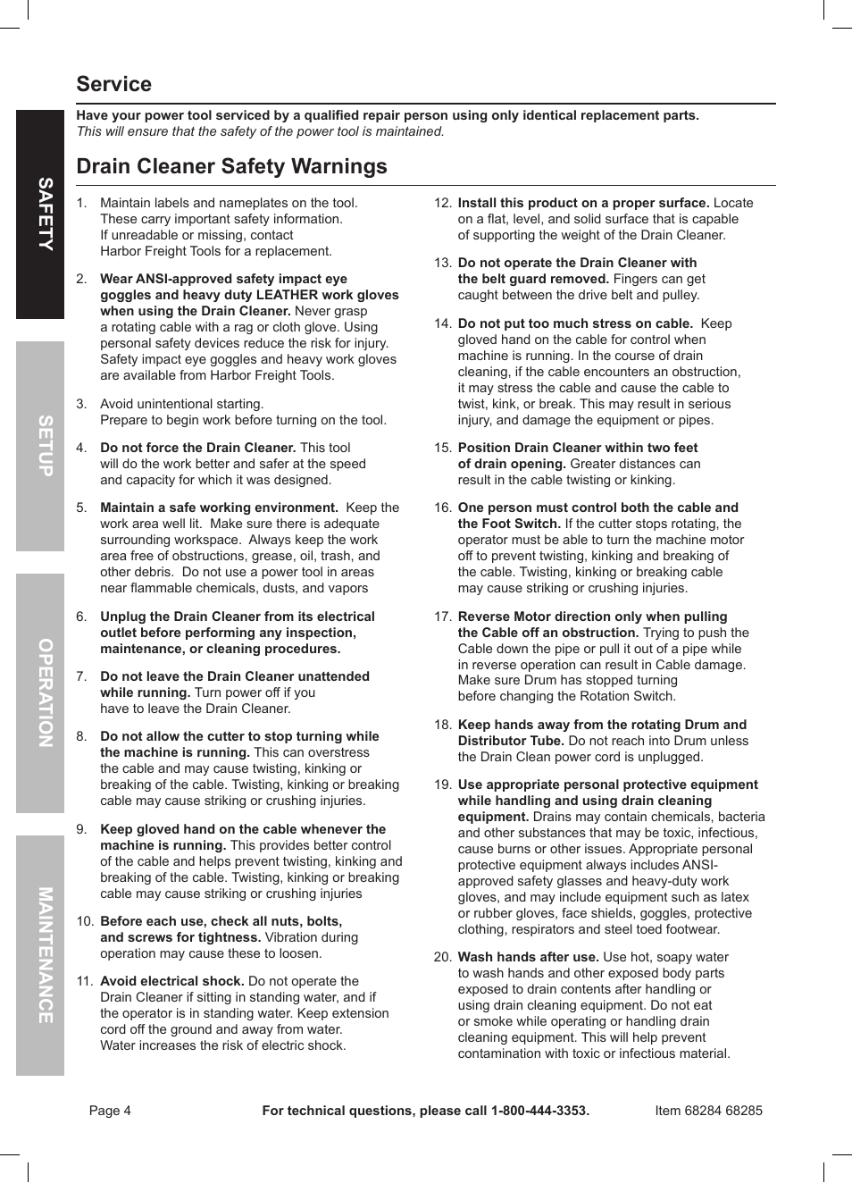 Service, Drain cleaner safety warnings, Safety opera tion maintenance setup | Harbor Freight Tools 50 FOOT DRAIN CLEANER WITH POWER FEED 68285 User Manual | Page 4 / 24