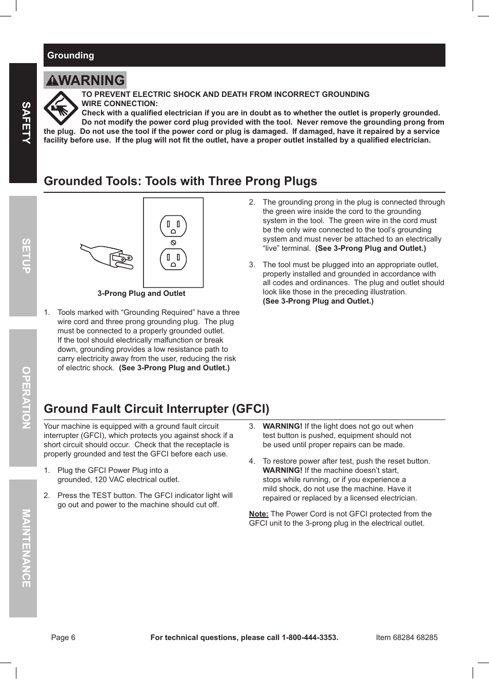 Grounded tools: tools with three prong plugs, Ground fault circuit interrupter (gfci), Safety opera tion maintenance setup | Harbor Freight Tools 50 FOOT DRAIN CLEANER WITH POWER FEED 68285 User Manual | Page 6 / 24